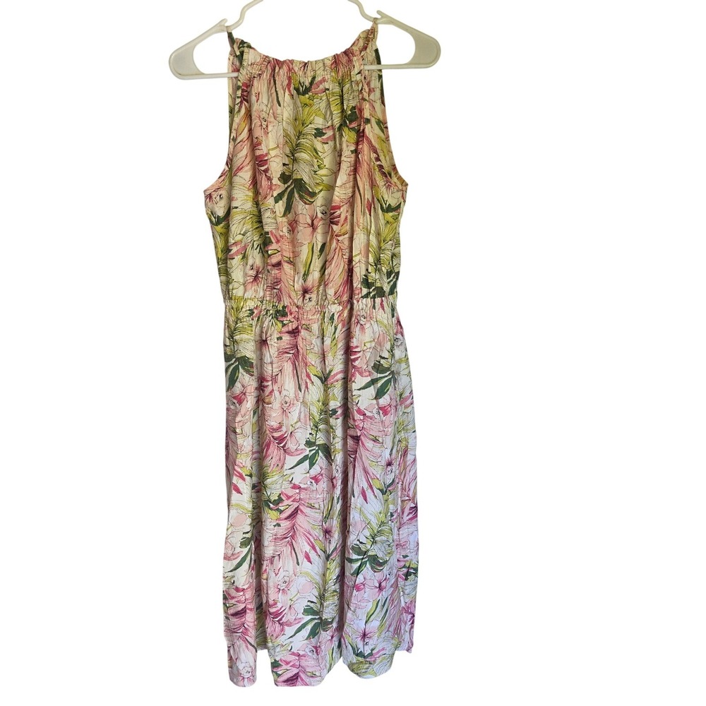 Ophelia Roe Womens Small Tropical Floral Halter Midi Dress Pink Green Sleeveless